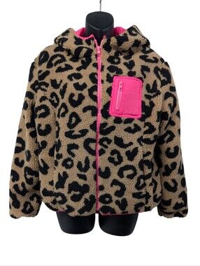 BiBi Women's Leopard Print Sherpa Hoodie Jacket Size S Faux Sherpa NWOT